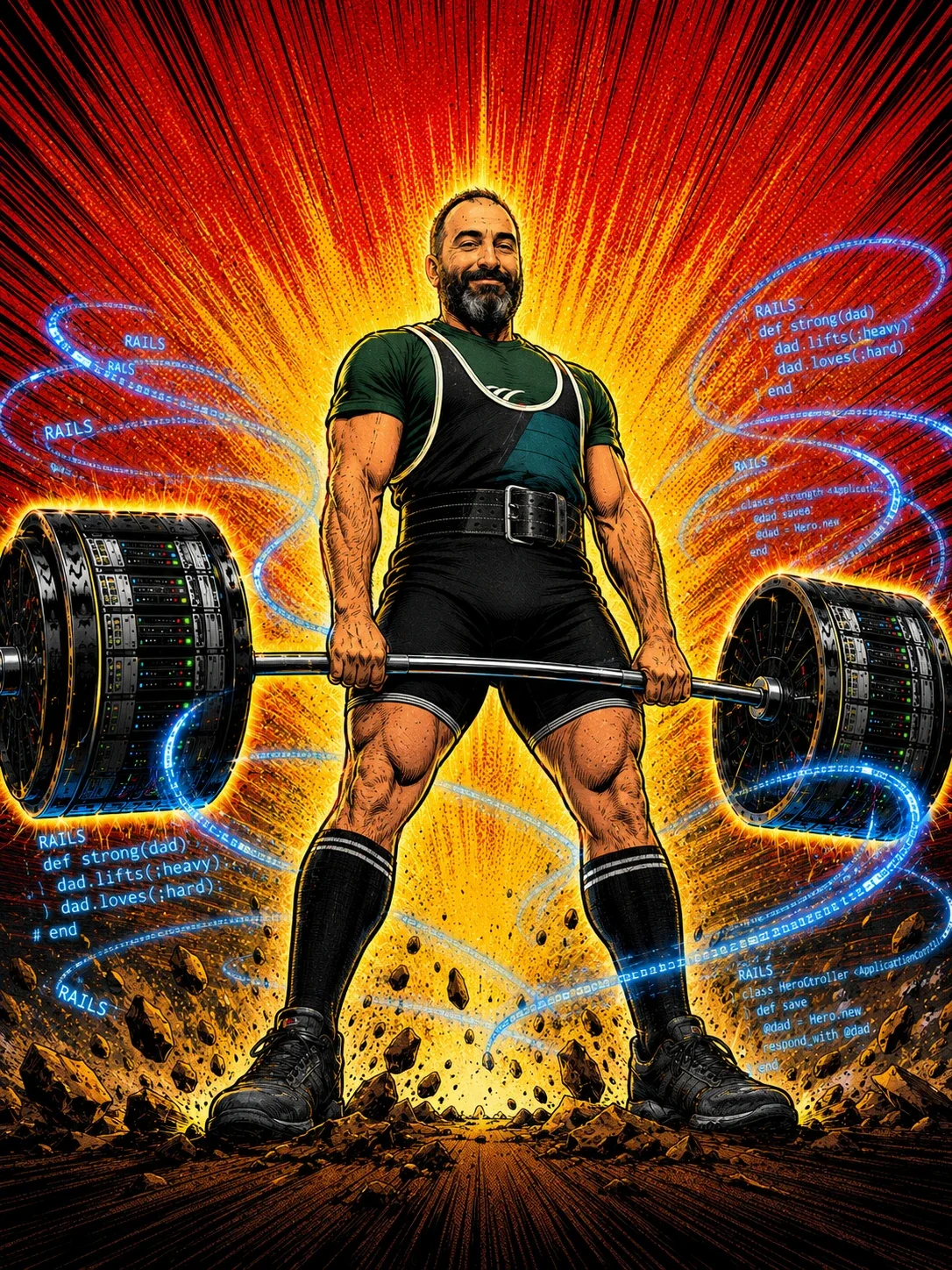 Comic-cover art — a bearded powerlifter in a green singlet deadlifts a barbell loaded with server-rack weight plates, glowing blue ribbons of Ruby on Rails code spiraling around him against a red-and-yellow starburst.